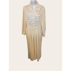 Vintage Cream Neiman Marcus Embroidery Bib Lounge House Dress  S